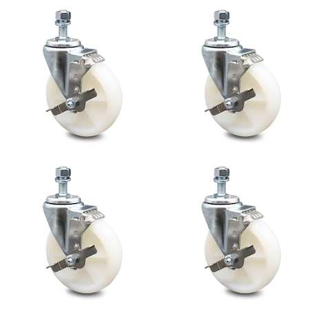 Service Caster 5 Inch Nylon Wheel Swivel 3/8 Inch Threaded Stem Caster Set with Brake SCC SCC-TS20S514-NYS-TLB-381615-4